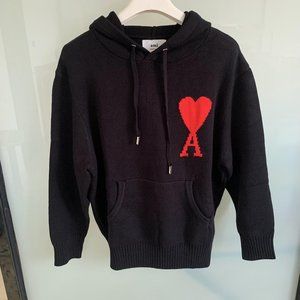 AMI black hooded sweater with red embroidered heart